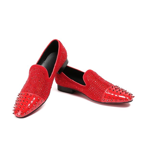 

2021 men genuine leather shoes round toe crystal rivets loafers wedding dress formal oxford shoes calzado hombre, Black