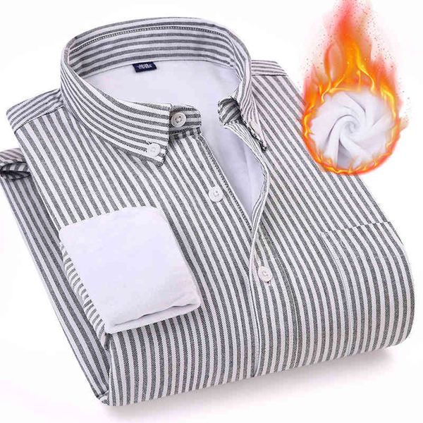 

striped shirts mens business casual long sleeve men shirt oversize camisas plus velvet chemise homme button-down thick warm 210524, White;black