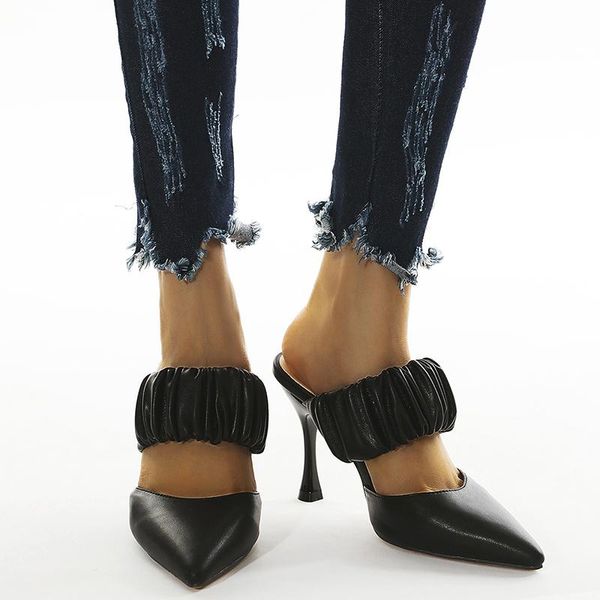 

fashion mules slides 9cm high heels women slippers stripper stiletto summer sandals lady leisure pointed toe club shoes, Black