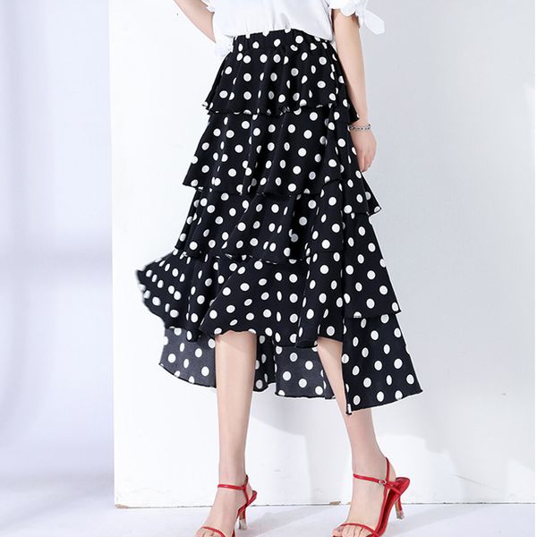 

casual dresses summer korean chic high low cakee layered dotted long skirt waisted sweet black/white dot ruffled tiered a-ling cal, Black;gray