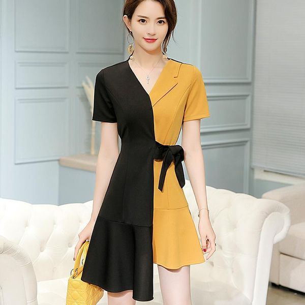 

office a line dress women summer short sleeve patchwork irregular lapel slim mini fashion lace up waist work clothes, Black;gray
