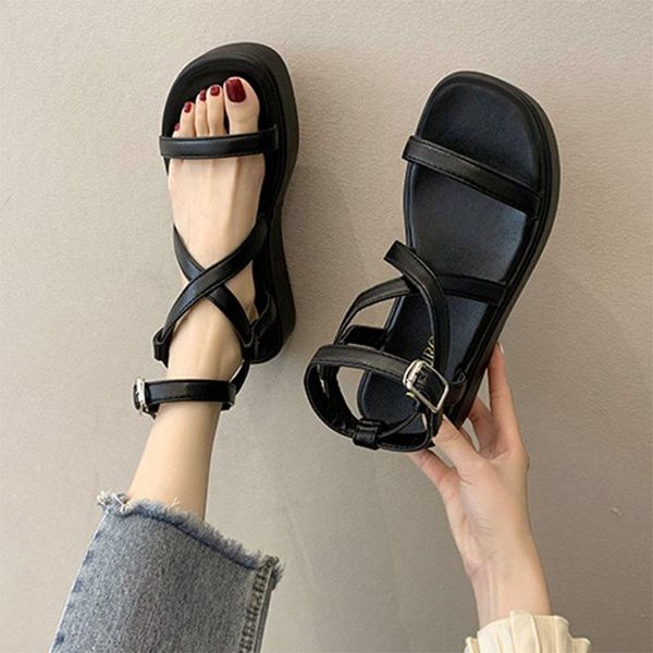 

sandals women platform summer 2021 fashion chaussures casual calzado mujer black designer shoes zapatos buckle strap flats