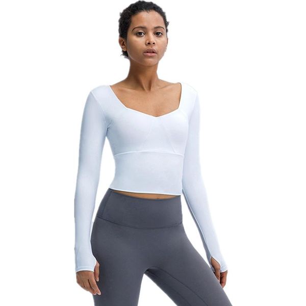 

autumn winter yoga clothes long-sleeve thumb hole tight quick dry t-shirt with chest pad women outdoor running fitness outfit