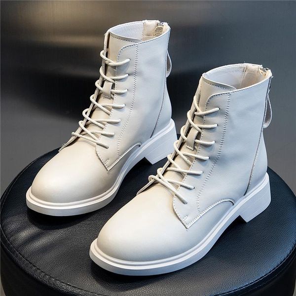 

boots genuine leather women ankle designer winter shoes woman lace up thick platform flat booties shoes45, Black