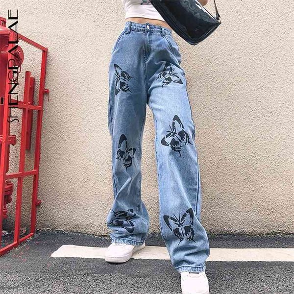 

butterfly design denim women korean fahion high waist wide leg pants casual loose plus size streetwear za4110 210427, Blue