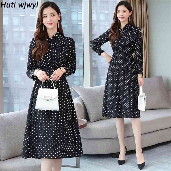 

black dot chiffon long sleeve midi dresses autumn winter vintage plus size women bodycon dress elegant party femal vestidos 210528, Black;gray