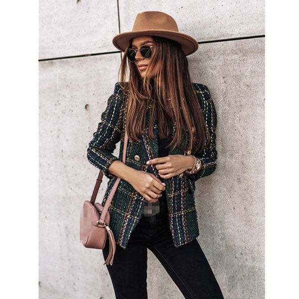

women's jackets women spring autumn coats cotton plaid turn-down collar full sleeve double breasted work for korean style, Black;brown