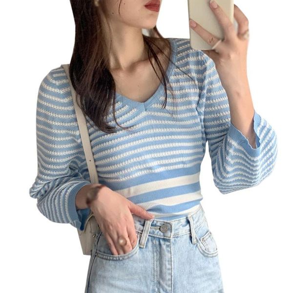 

women striped sweaters v-neck autumn korean style long-sleeved knittwear jumpers pull women's, White;black
