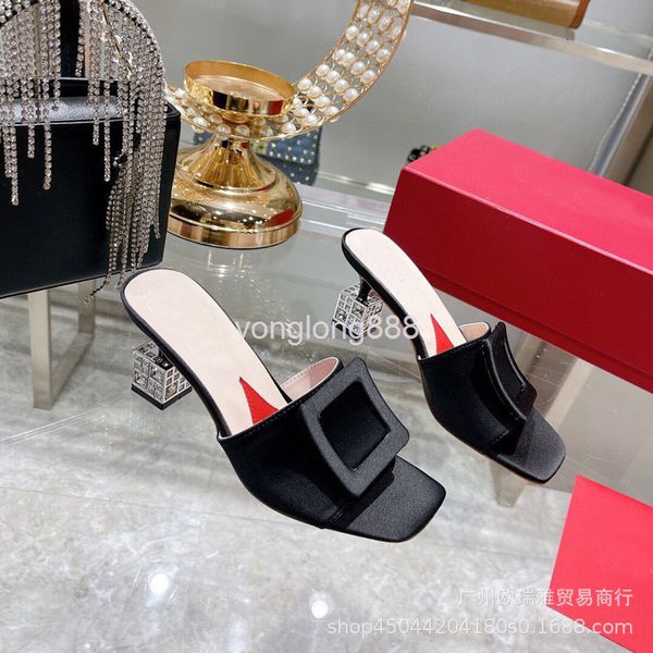 

slippers summer style square head heel one-sided open toe buckle simple low thin high-ed slippers for women, Black