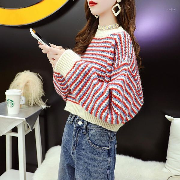 

women's sweaters 2021 korean version of short pullover sweater women loose outer wear thinner early autumn high waist striped knitted t, White;black