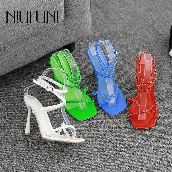 

dress shoes niufuni summer rivet cross strap buckle women's 2021 set toes square head pump stiletto gladiator sandals fashion 4 colors, Black
