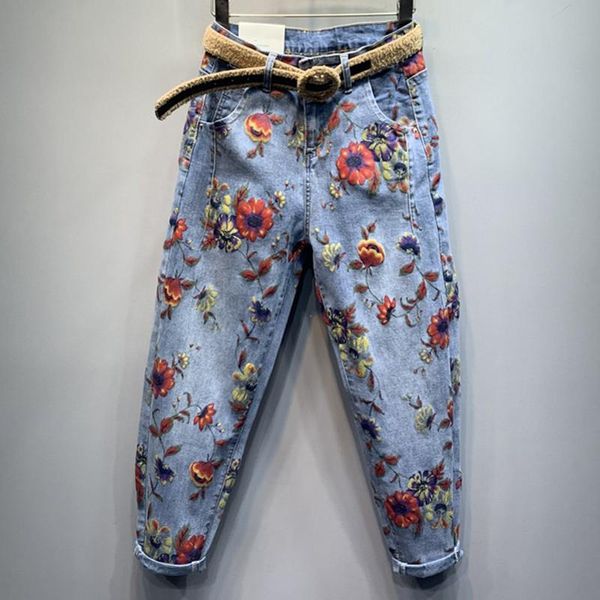 

women's jeans flower woman 2021 autumn high-waist loose-fit pants personality printed denim harem jean femme, Blue
