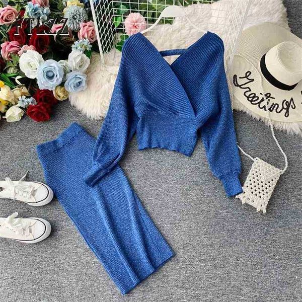 Mulher malha 2 partes de 2 partes outono Mulheres V-Neck Sweater Top + Midi Wrap Skirt Ternos Elegant Bling Outfit Tracksuit 210525