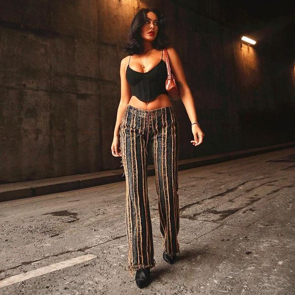 

women's jeans y2k retro patchwork burr brown straight women fashion harajuku tie-up high waist streetwear 90s mom cargo denim trouser, Blue