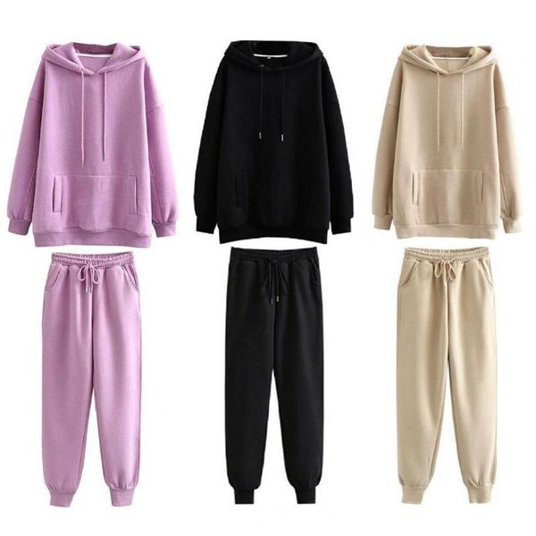 

women's two piece pants autumn winter fashion solid color hoodie set warm women outfit streetwear, White