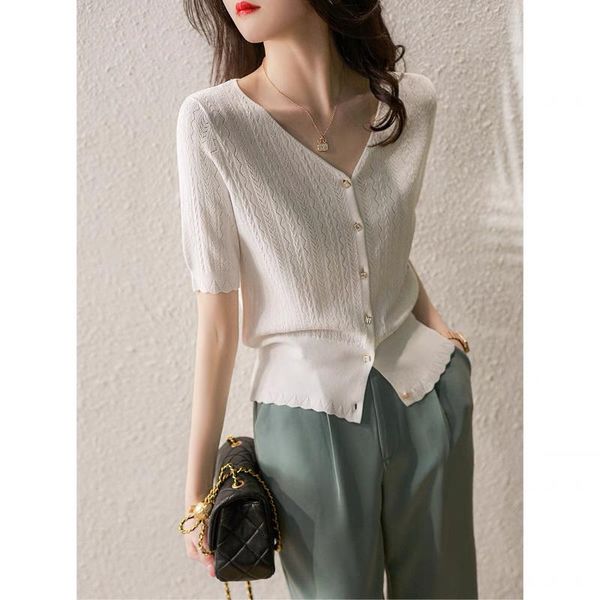 

women's knits & tees zvemg type flexible have delicate wavy lines micro hollow out, self v-neck knitted cardigan, White