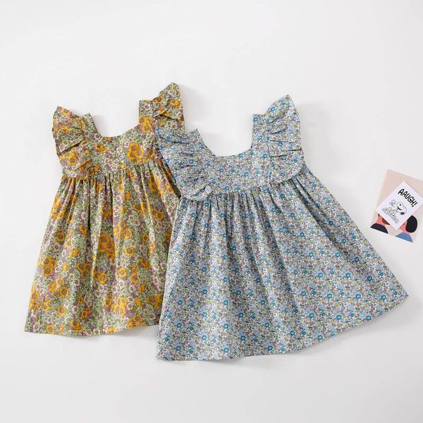 

girl's dresses fashion 2-6 years children girls dress summer ruffles sleeveless flower print kids sweet blue a-line clothes, Red;yellow