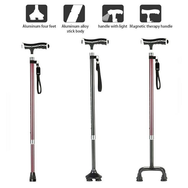 

trekking poles 3- use anti-slip elderly crutches canes walking stick with light four feet adjustable magnetic therapy