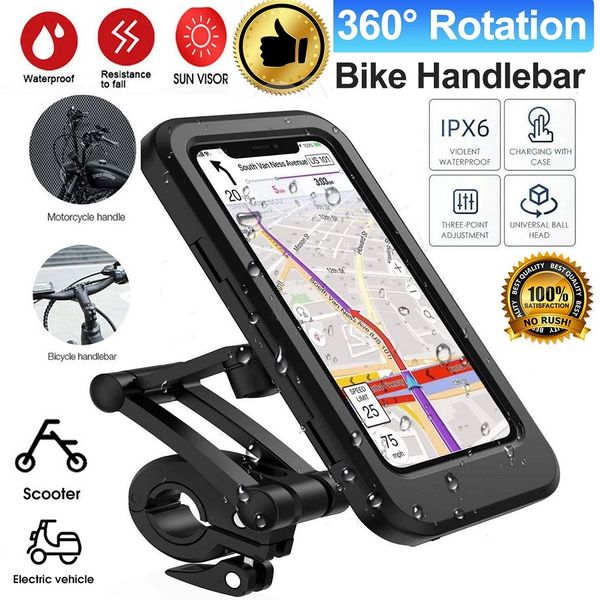 360 Degree Adjustable Waterproof Bicycle Phone Holder Universal Bike Motorcycle Handlebar Cell Phones Support Mount Bracket With Detail Package