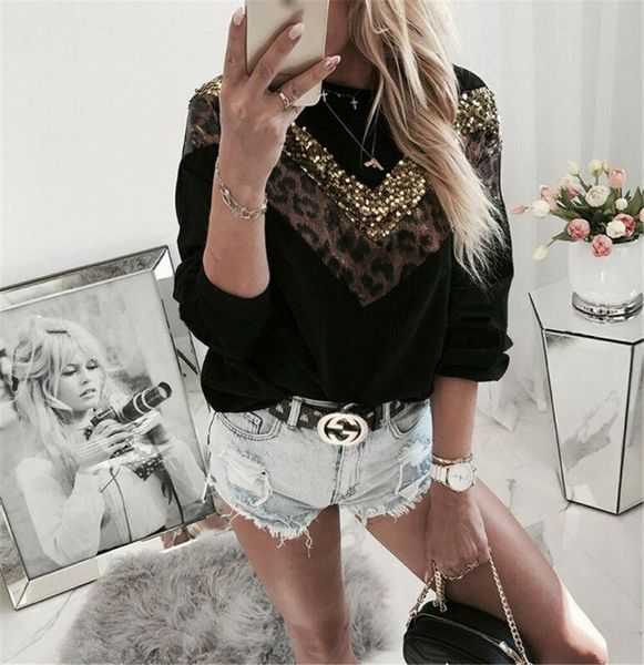 

women's hoodies & sweatshirts damen leopard bluse pullover langarm sweatshirt tunika oberteile, Black