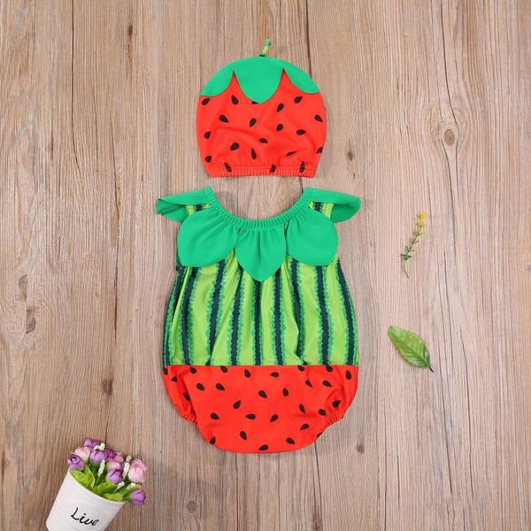 

pcs toddler bathing suit baby kid girls sleeveless watermelon print round neck swimsuit cap swimwear summer one-pieces, Black