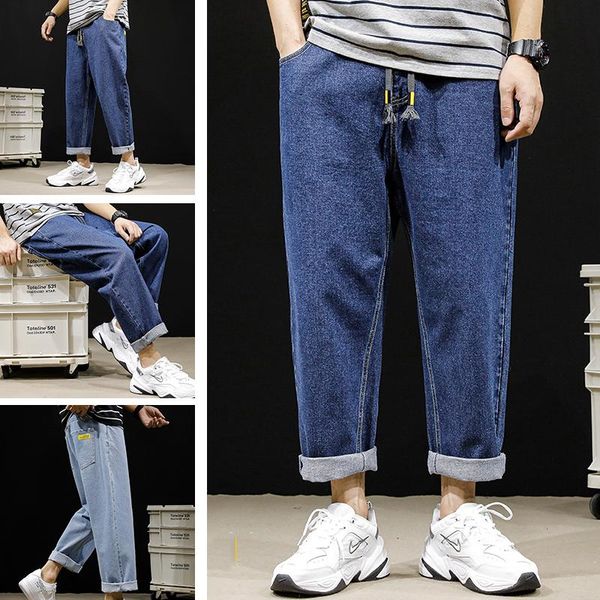 

men's jeans 2021 loose straight pants boys light color casual summer thin, Blue