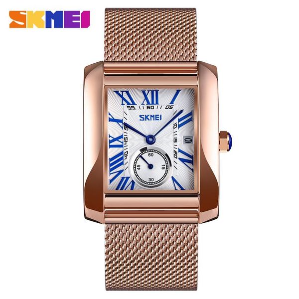 

wristwatches skmei 9191 square quartz watch women business rose steel strap couple wristwatch display bracelet clock relogio masculino, Slivery;brown