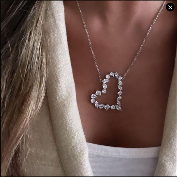 

chains sparking bling cz cluster heart charm necklace valentine's day gift fashion women jewelry, Silver