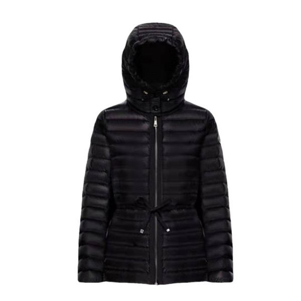 

european station r down jacket women's autumn and winter new slim short waist hooded thin white goose down hooded stripes, Black