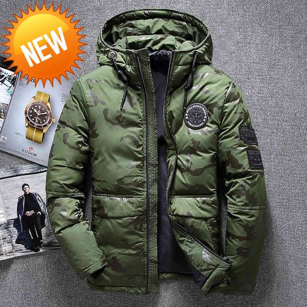 

men camouflage white duck down jacket winter hooded collar windbreaker parka -20 degree thick warm coat m-3xl, Black