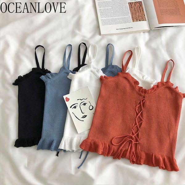 

knitted tank ruffles short slim v neck bandage spring summer camis korean sweet solid women 210415, White