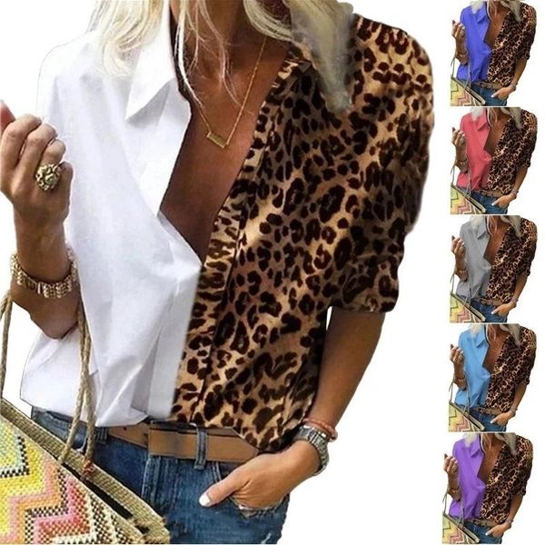

women's t-shirt nieuwe vrouwen herfst shirt v-hals revers luipaard print contrast lange mouw toevallige losse dames s-5xl, White