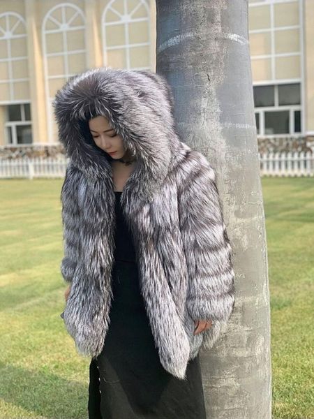 

women's fur & faux 2021 luxury red silver hooded coats women winter warm outerwear genuine thick coat, Black