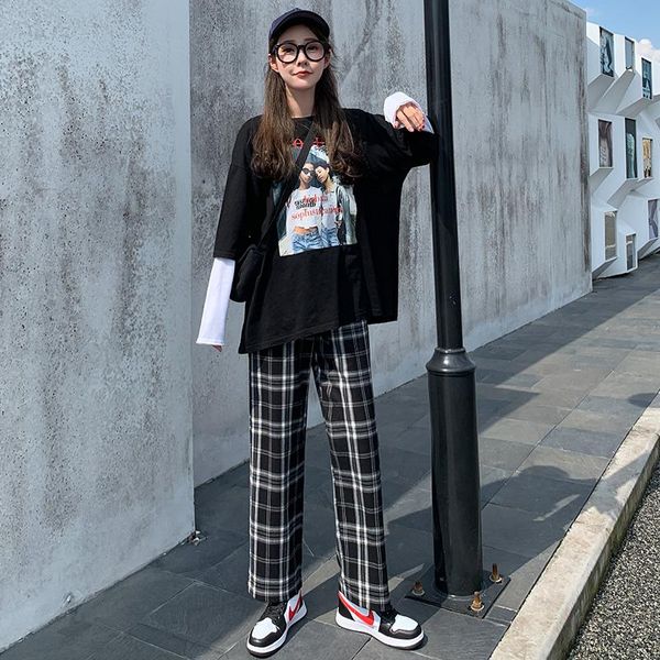 

pladi trousers women korean fashion oversized checkered pants for large size wide leg women's & capris, Black;white
