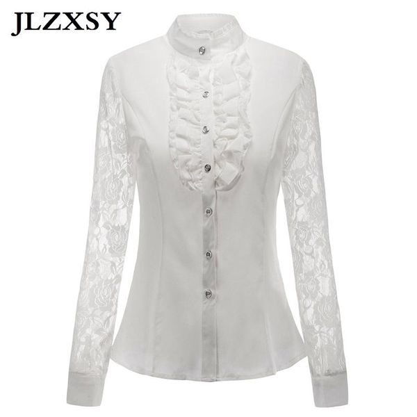 

women's blouses & shirts jlzxsy spring elegant women ol lace chiffon blouse solid ruffles stand collar long sleeve casual office ladies, White