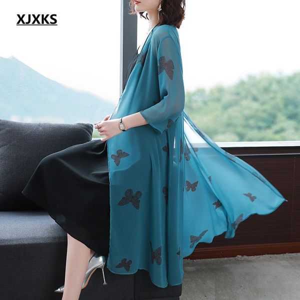 

women's knits & tees xjxks 2021 summer women sun protection clothing loose plus size fashion chiffon printing long cardigan tulle jacke, White