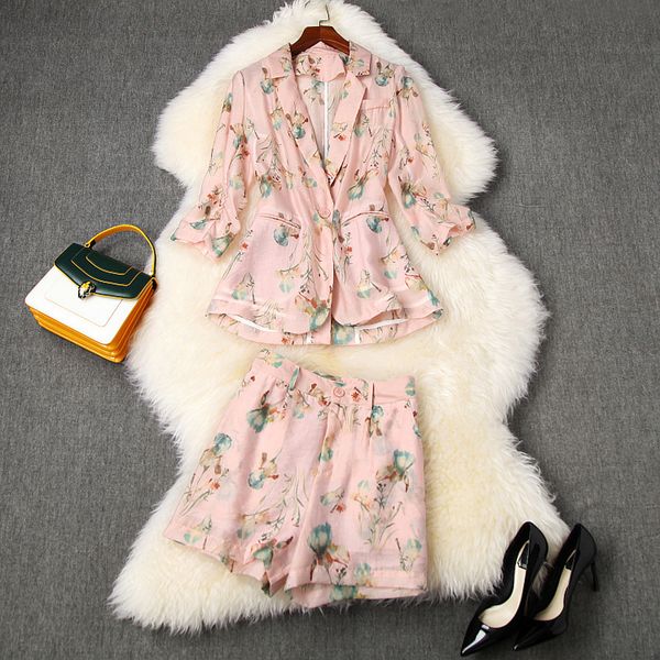 

two piece dress spring summer 3/4 sleeve notched-lapel pink floral print single-button blazers + mini short shorts 2 s set lm2610847 tp17, White