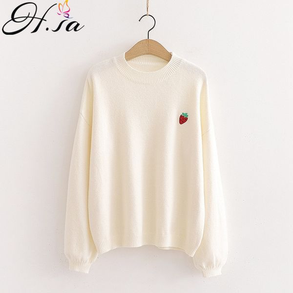 

h.sa autumn winter women casual pullovers lemon fruit embroidery jumpers japanese yellow pull sweater knitted 210417, White;black