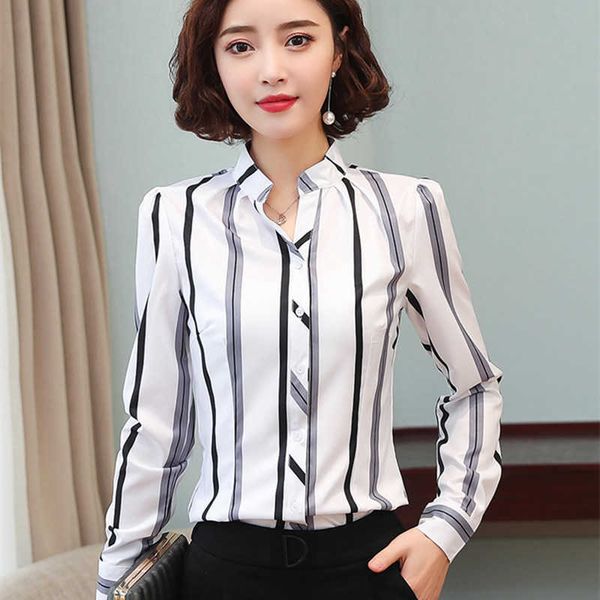 

korean chiffon shirt striped blouse woman floral shirt long sleeve print blouses plus size v neck 210604, White