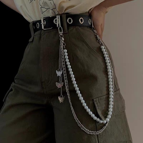 

keychains goth punk rock butterfly pearls dress waist chain egirl women key chic wallet keychain jeans hip hop jewelry gift, Silver