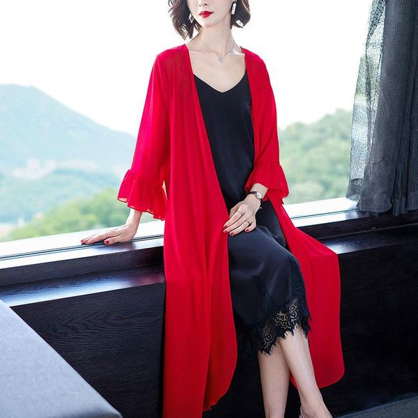 

women summer boho solid chiffon long blouse loose cardigan beach sun protection clothing outwear plus size -8xl women's blouses & shi, White