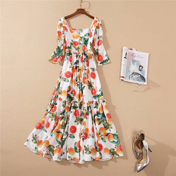 

two piece dress europe fashions fall women's clothes three-quarters square collar fruit imprint dressed midi track elegant mrs 8qim, White