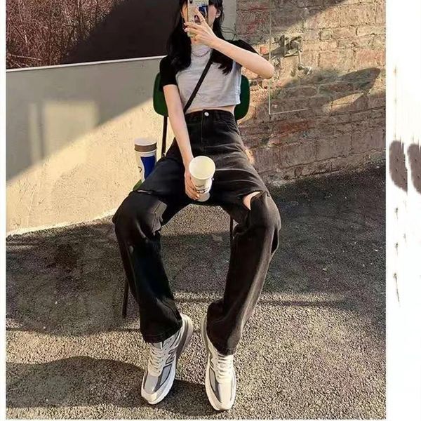 

women's jeans black high-waist ripped straight-leg women's spring and autumn 2021 loose thin drape wide-leg mopping pants, Blue