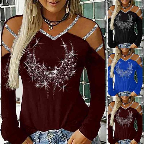 

fashion bling rhinestone blouse cold shoulder tee casual autumn winter ladies female women long sleeve blusas pullover, White