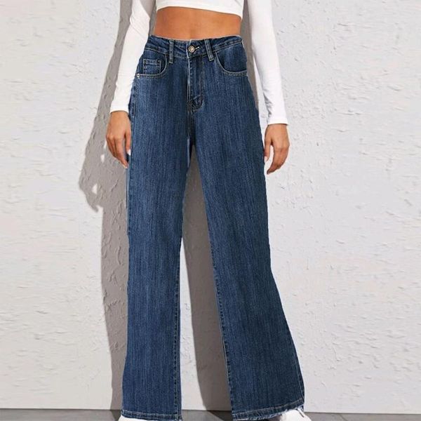 

high waist women fashion loose solid color denim mopping straight pants casual vintage wide leg flares jeans trousers 2021 4 women's, Blue