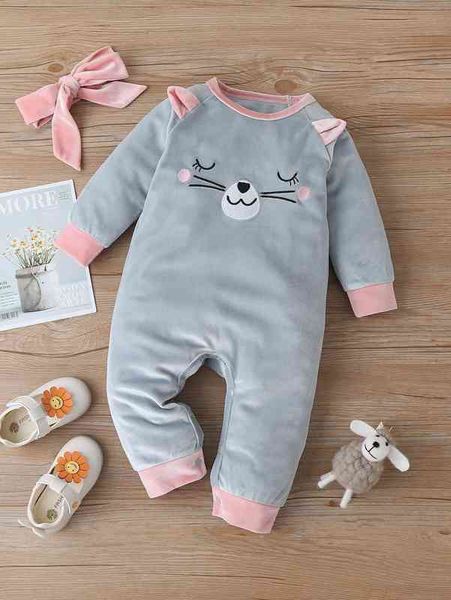 

baby girl cartoon embroidery 3d ear design velvet jumpsuit & headband she, Blue