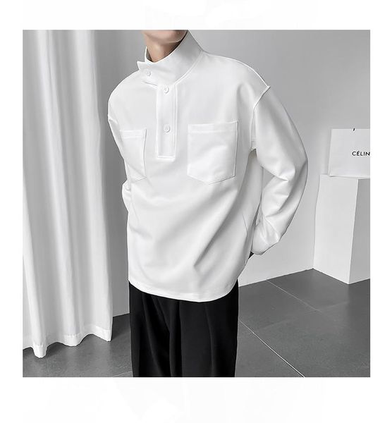 

men's casual shirts long sleeved shirt autumn dark department personality large pocket stand collar korean loose pullover hairdresser, White;black