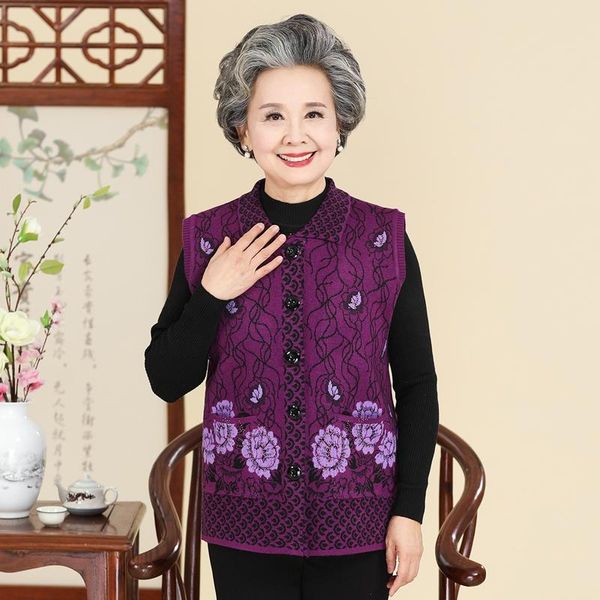 

women's vests plus size fall winter knitted mother's warm with pockets floral sleeveless female sweaters waistcoat for women, Black;white