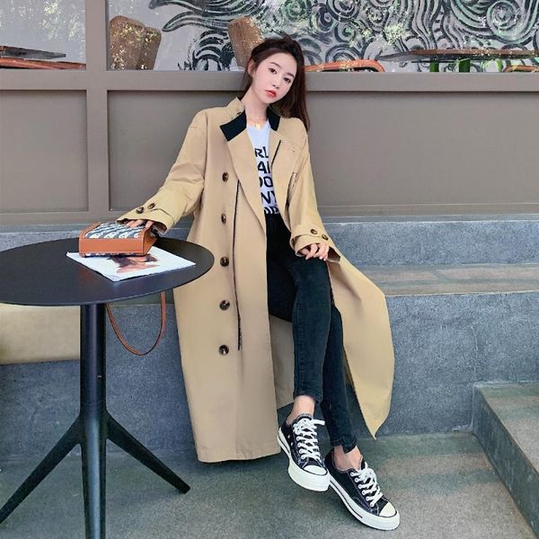 

women's trench coats khaki coat for women vintage elegant loose casual single breasted zipper long windbreaker outerwear spring autumn, Tan;black