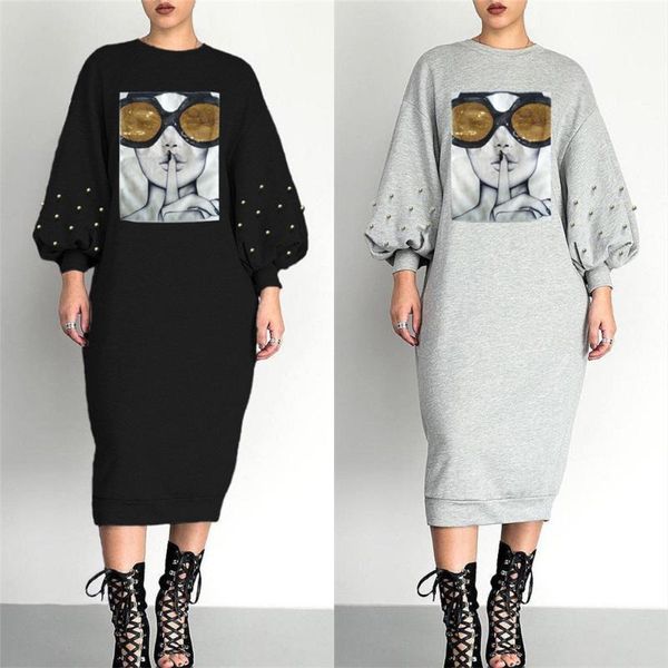 

casual dresses ahvit sparkly sequined character printed women dress beaded embellished puff sleeve o neck loose mid calf ls6230, Black;gray
